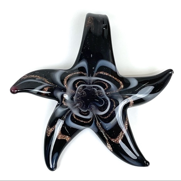 Three Glass Starfish Black Gold and White Necklace Pendant - Picture 6 of 15